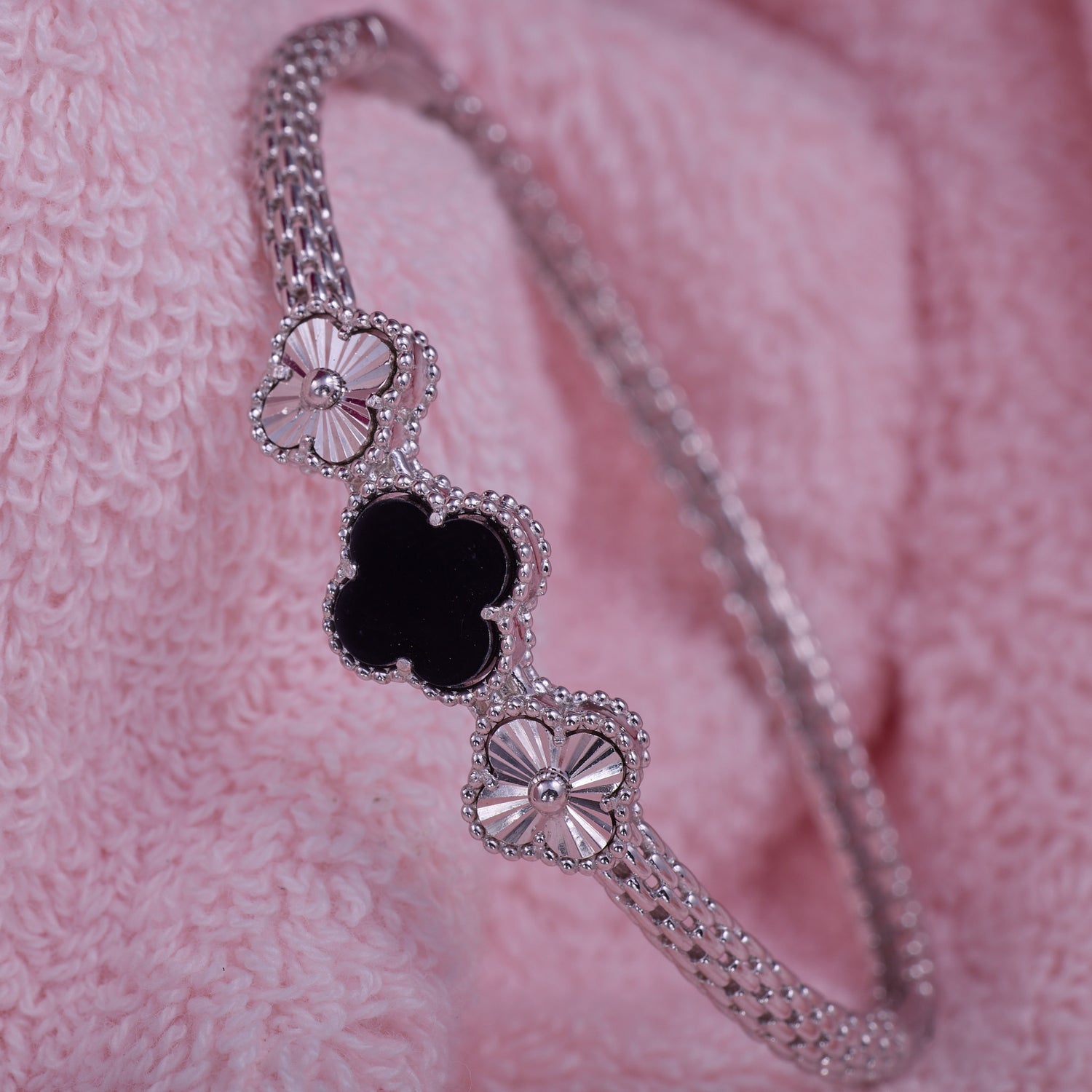RAFINE Silver Clover Floral Kada – Dual Chain Design
