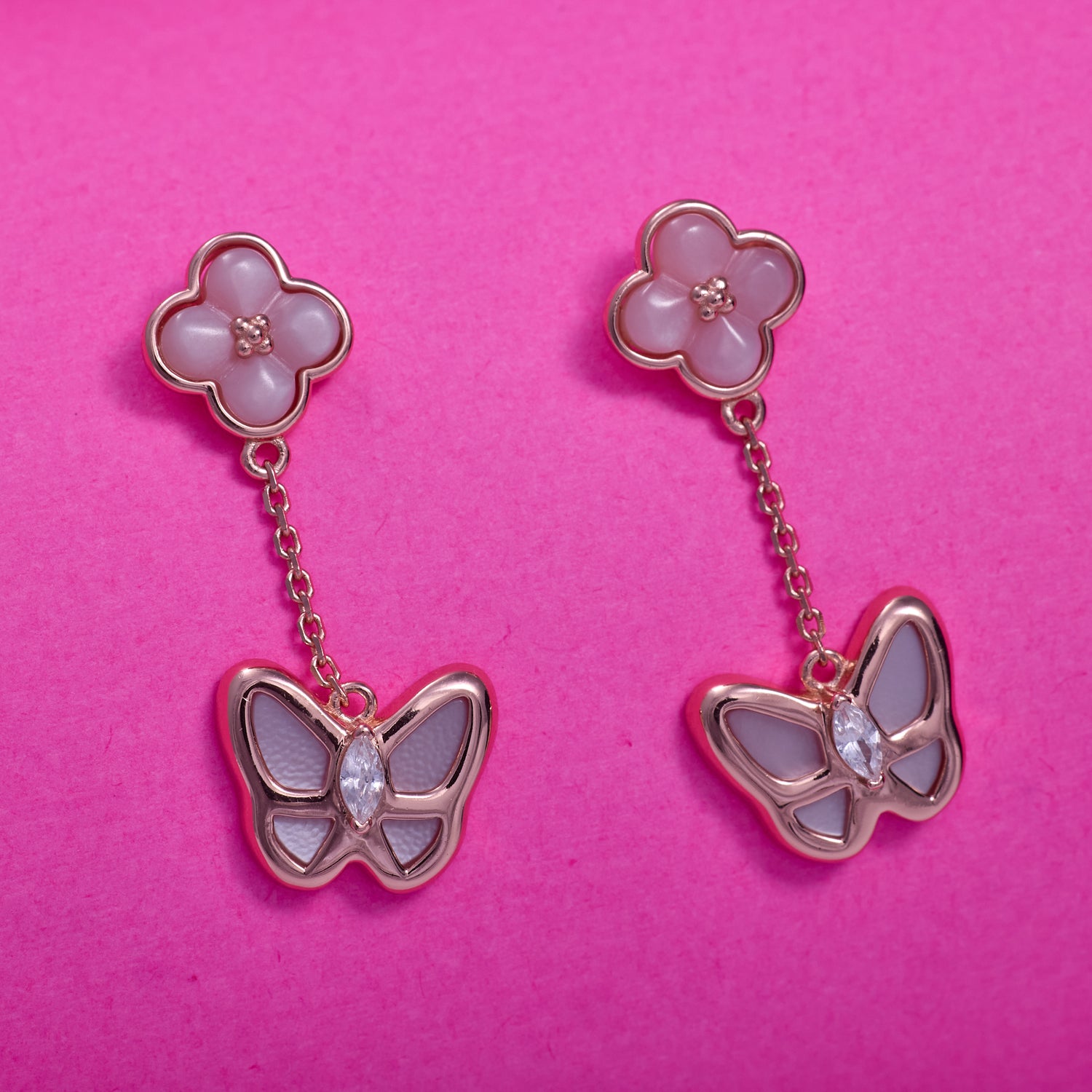 IRAFINE Clover & Butterfly Dangle Earrings – Rose Gold Elegance