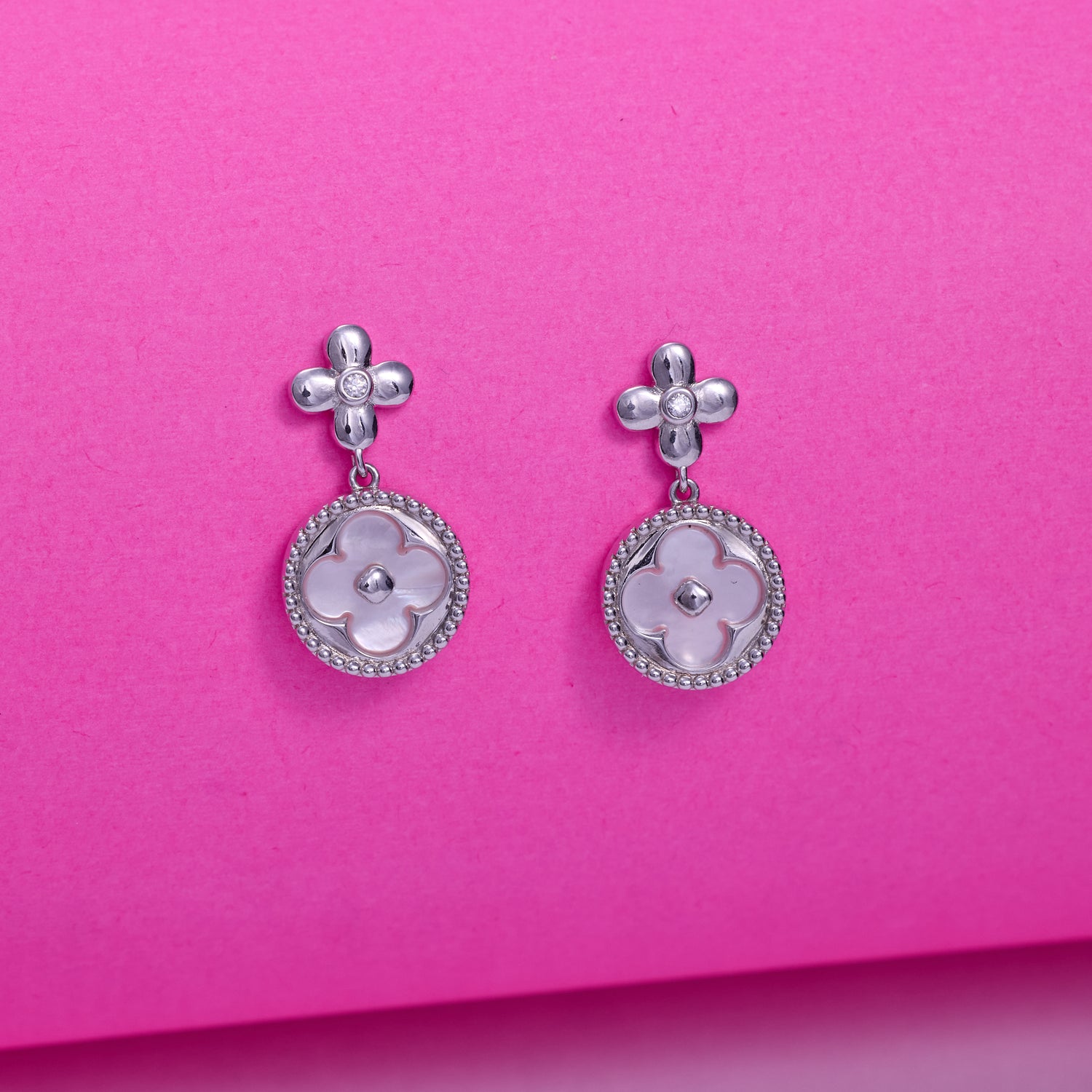 IRAFINE Double Clover Drop Earrings – White Enamel Charm